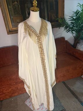 SHEIN Ivory Kaftan with Gold Trim and Tassel Fringe